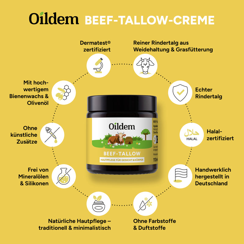 Oildem Beef Tallow Creme, Rindertalg Skincare, Halal, 110ml