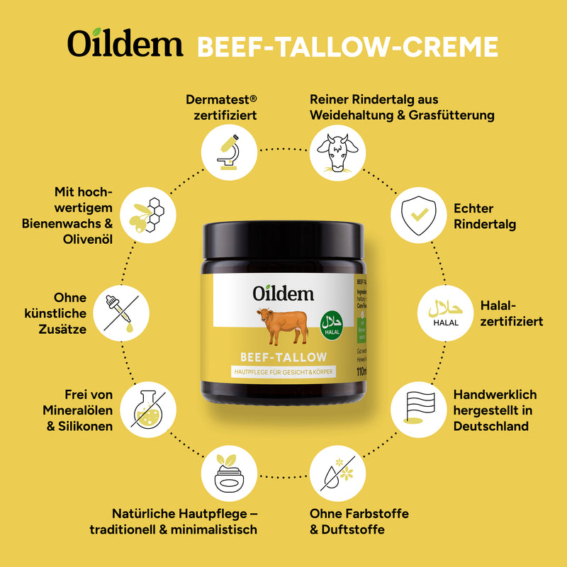 Oildem Beef Tallow Creme, Rindertalg Skincare, Halal, 110ml