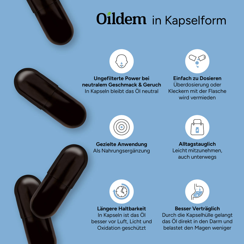 Oildem Bio-Schwarzkümmelöl Kapseln Vegan (UNGEFILTERT), (Ohne Hitze)